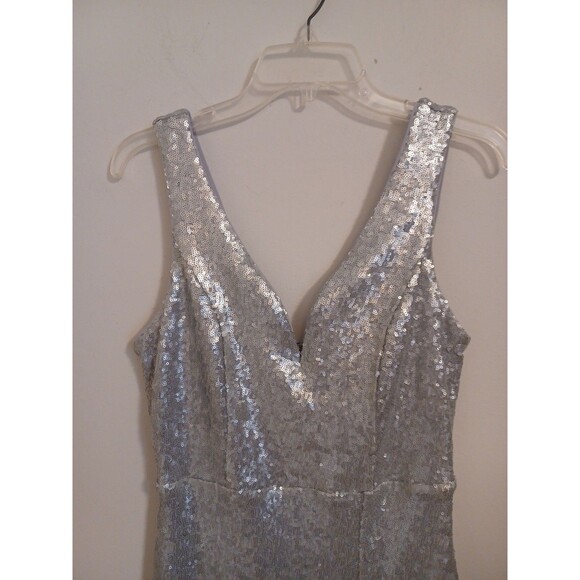 Venus Sequined Long Evening Ball Gown M Silver Gray V Neck Sleeveless Zip Slit - Picture 4 of 10